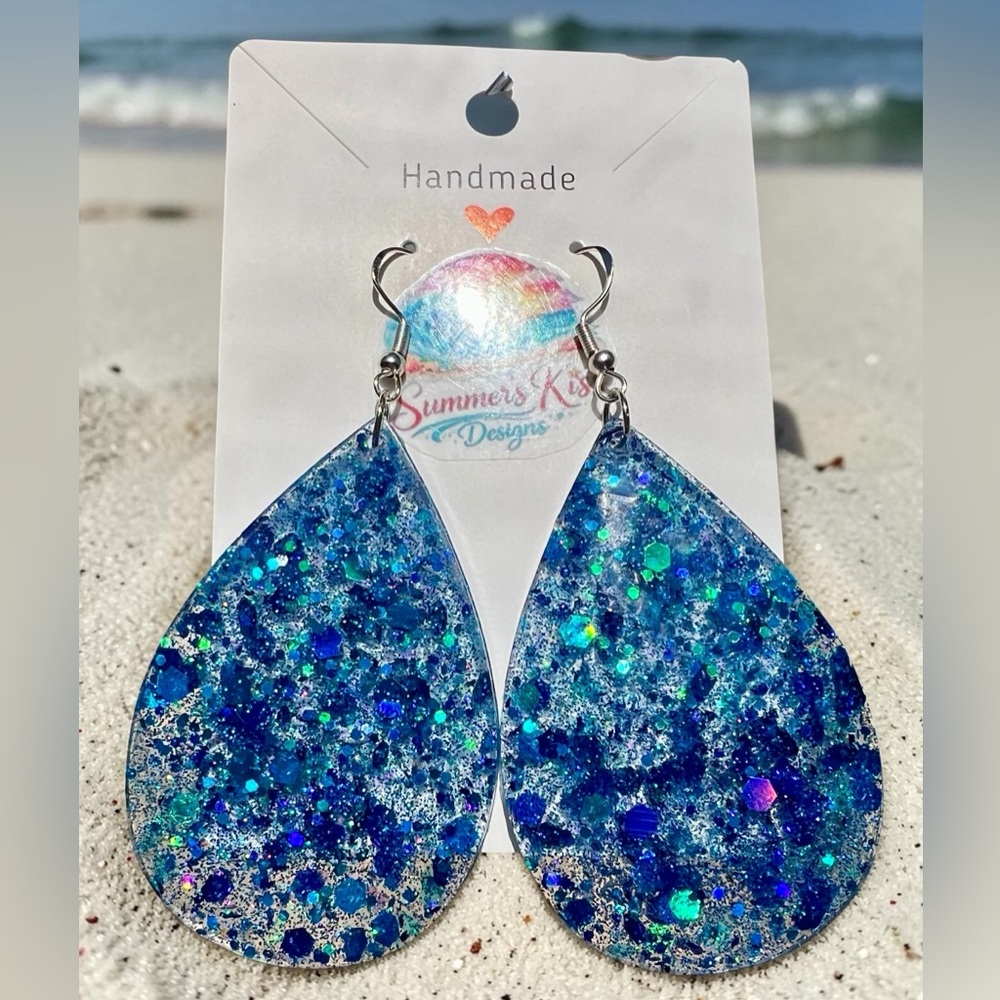 Handmade resin sparkly Blue Glitter Teardrop Earrings